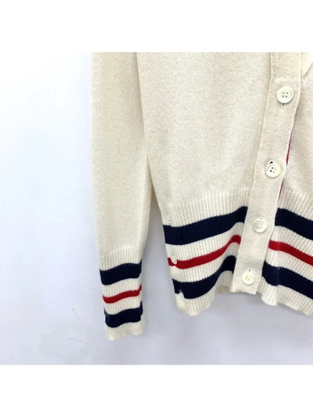 Thom Browne Beige Stripe Cotton V-Neck Cardigan - Picture 7 of 7
